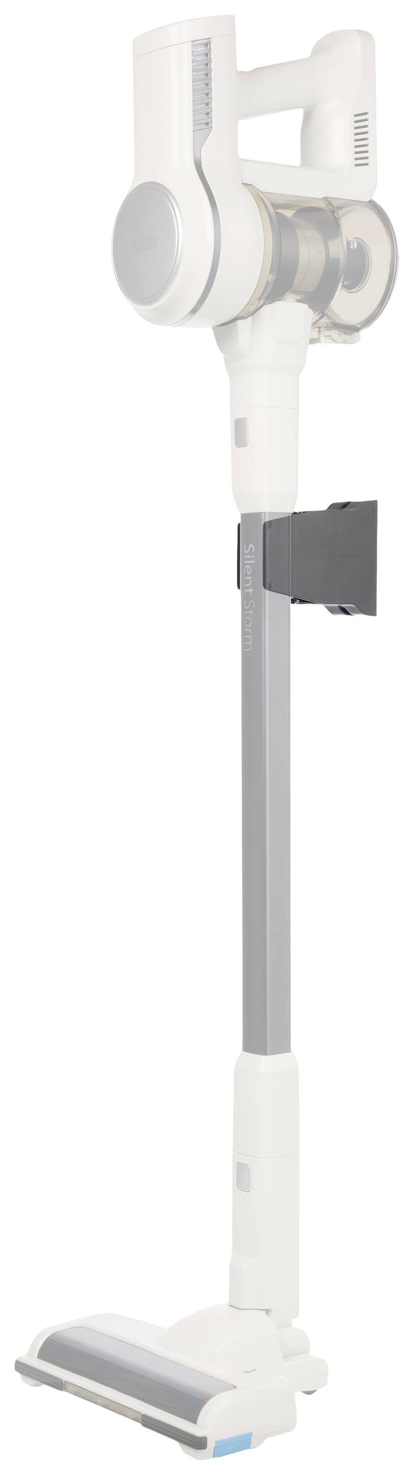 Kabelloser Staubsauger in Weiß und Grau, aufrecht positioniert.