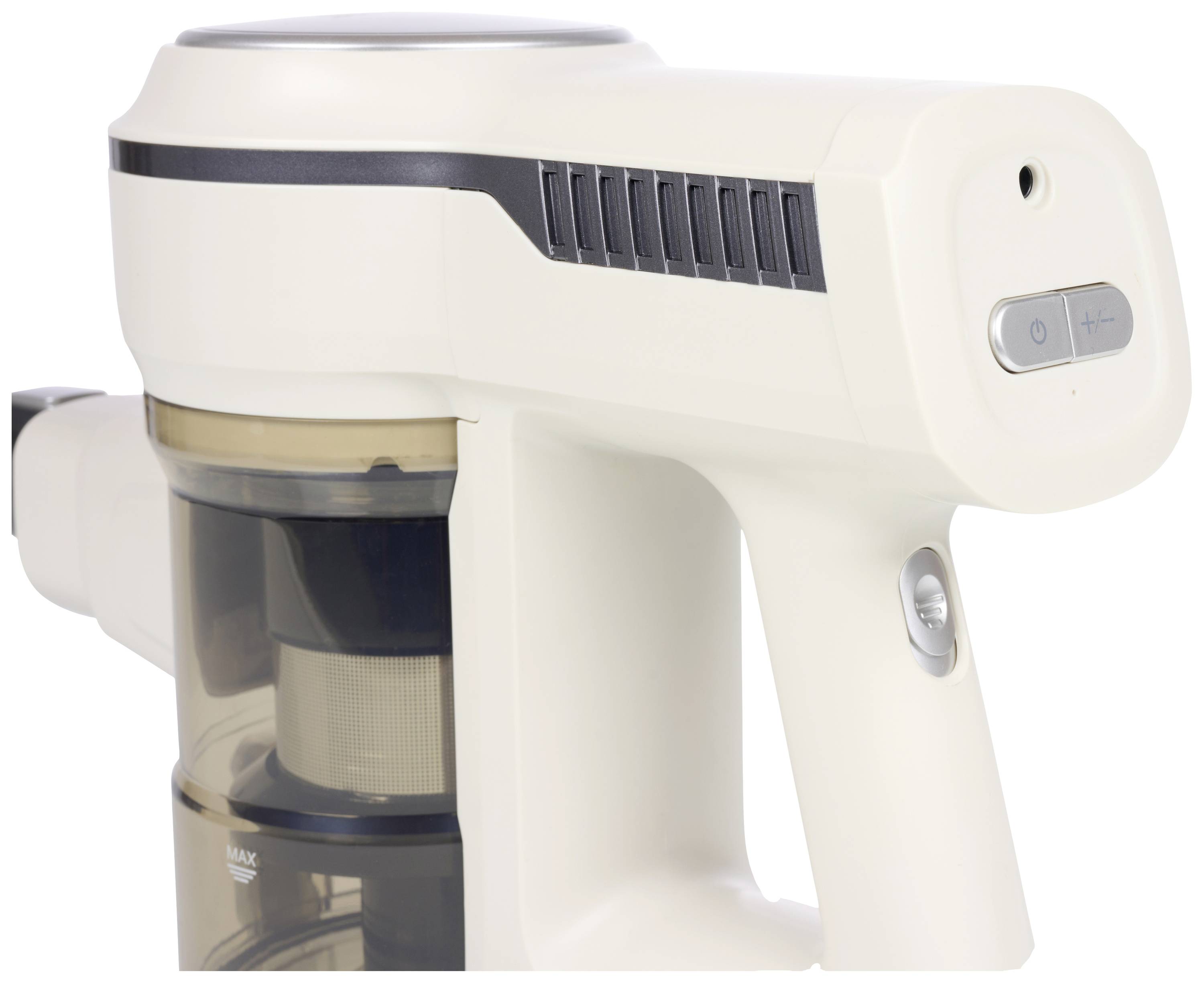 Ein weißer, kabelloser Staubsauger mit einem transparenten Staubbehälter und Bedienknopf, seitliche Entlüftung und ergonomischer Griff.