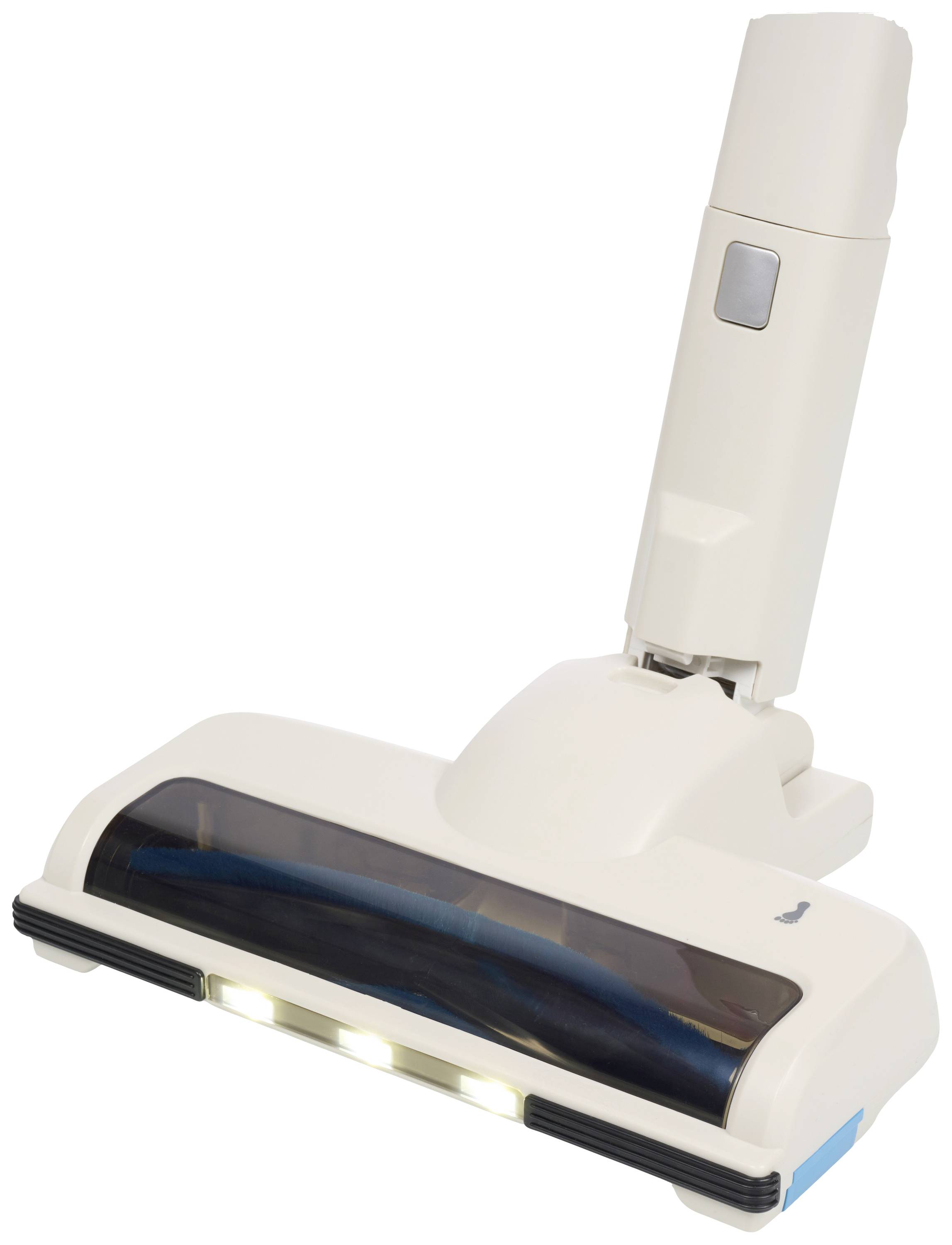 Ein weißer Staubsaugeraufsatz mit LED-Leuchten, geeignet für eine effiziente Bodennavigation.