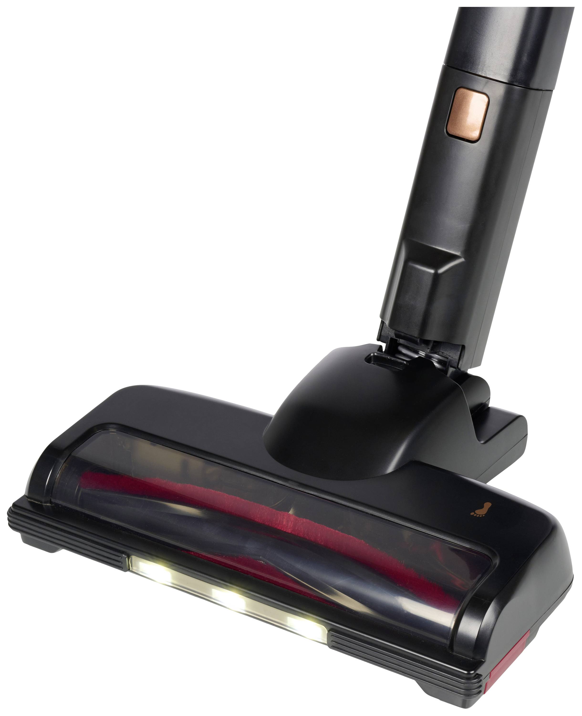 Ein schwarzes Vakuumreinigerkopf mit integrierten LED-Leuchten und roter Bürstenwalze, geeignet für Hart- und Teppichböden.