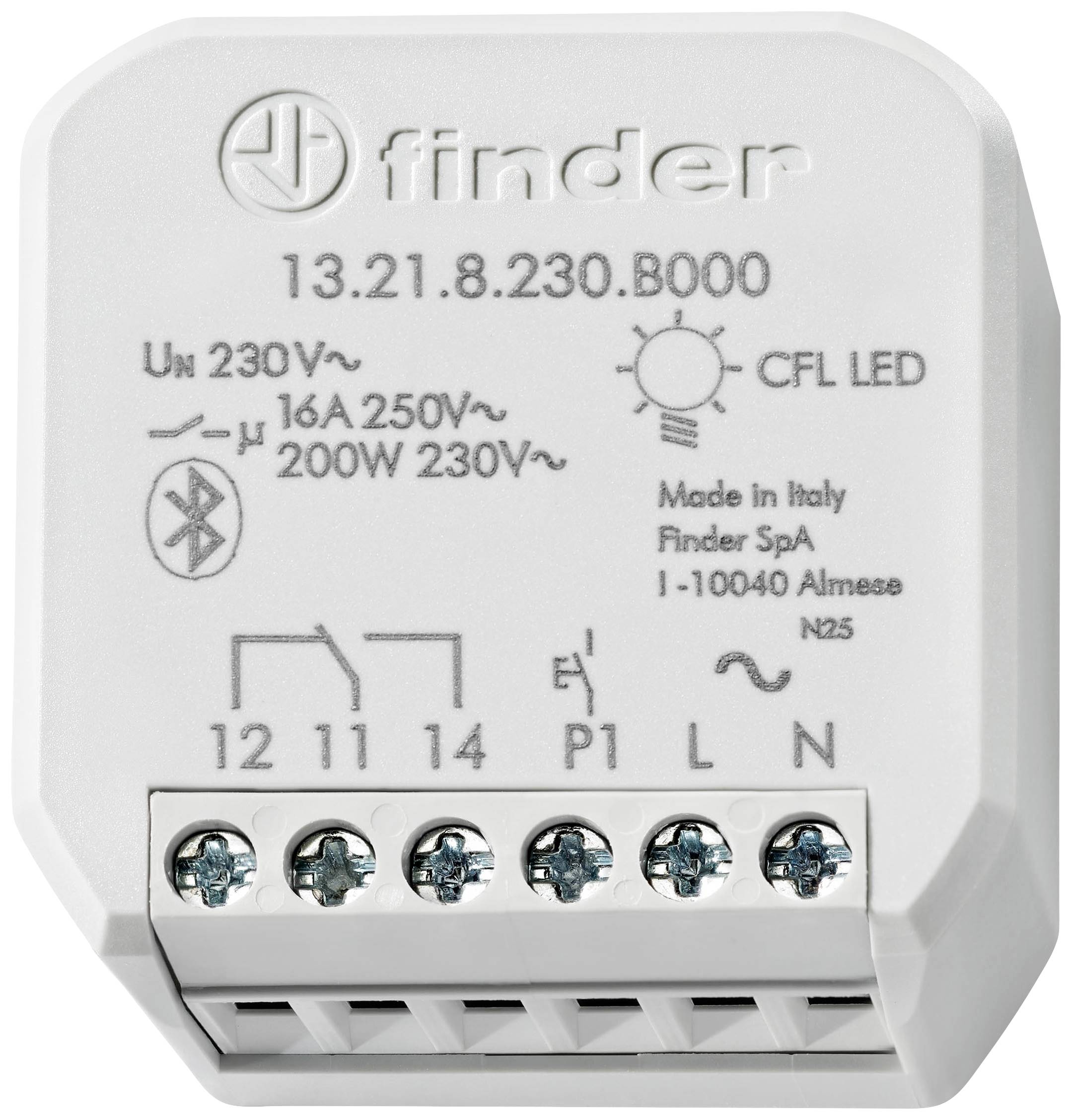 Ein elektrisches Relaismodul mit Beschriftungen für Spannung, Stromstärke und Anschlussklemmen. Hergestellt in Italien von Finder.