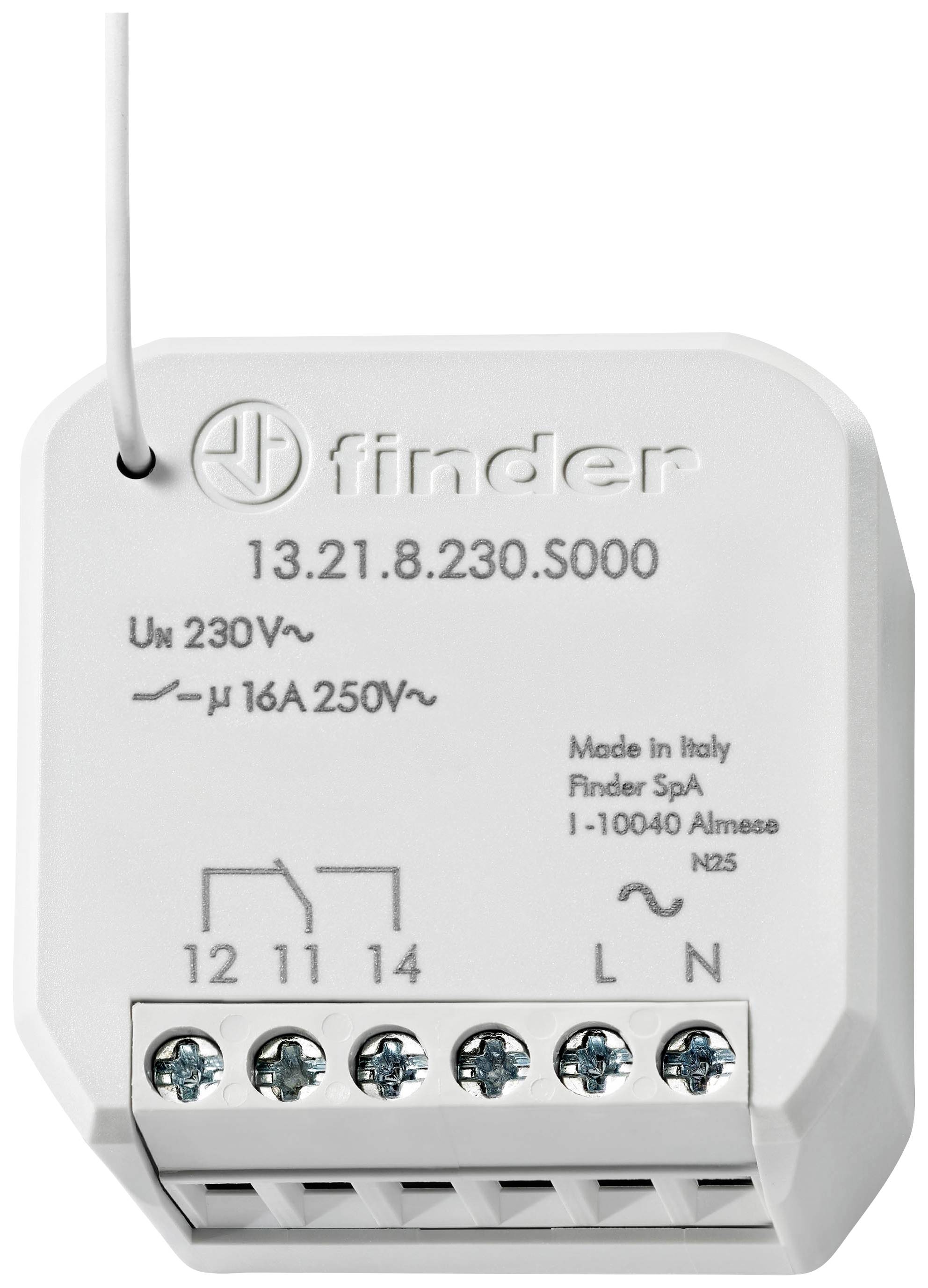 Ein weißer elektrischer Schaltaktor mit Schraubklemmen und aufgedruckten technischen Spezifikationen von 230V und 16A, von 'finder'.