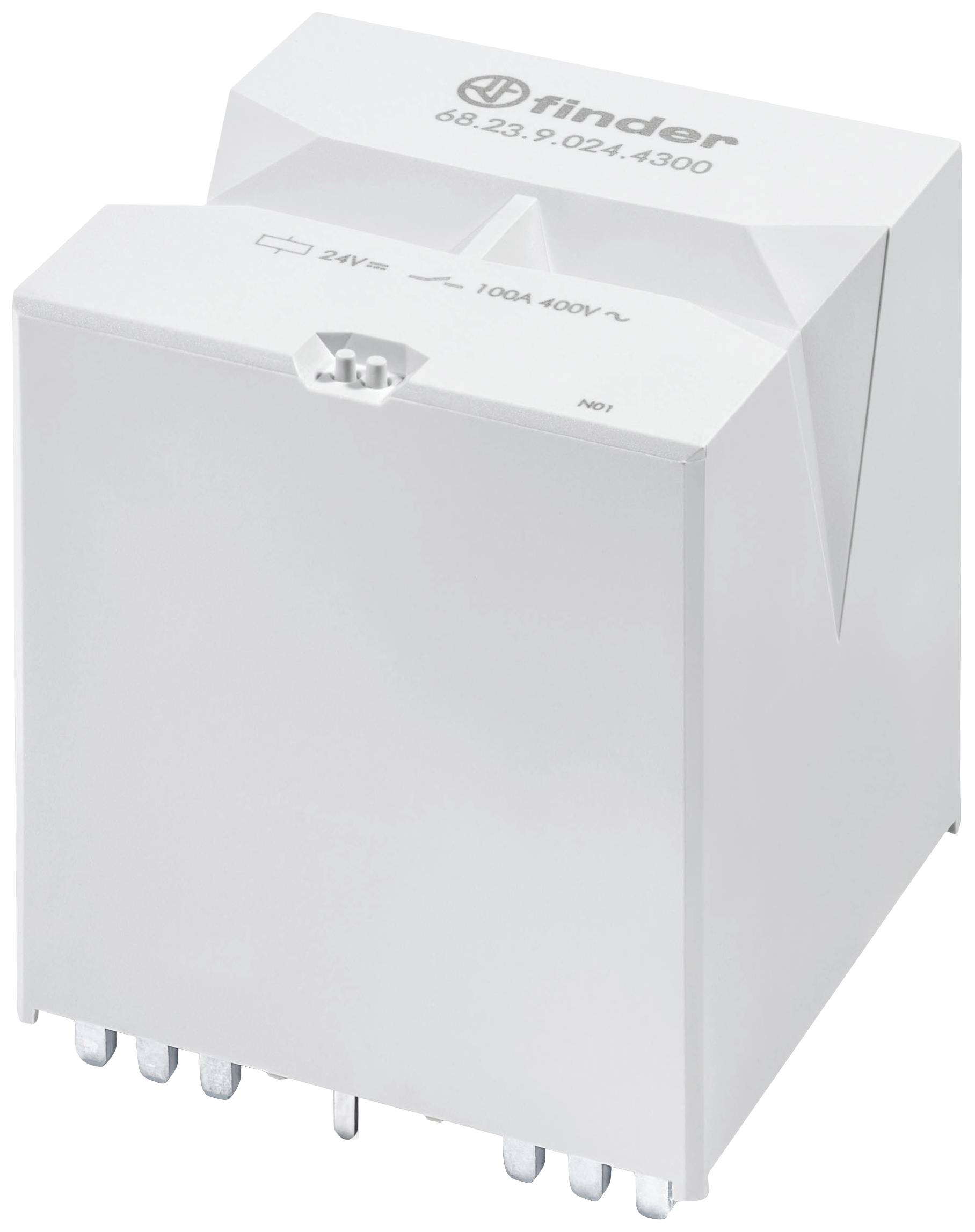 Ein weißes Finder-Relais, Modellnummer 68.23, für 24V, 100A bei 400V~. Gerät ist quaderförmig mit Metallkontakten an der Unterseite.