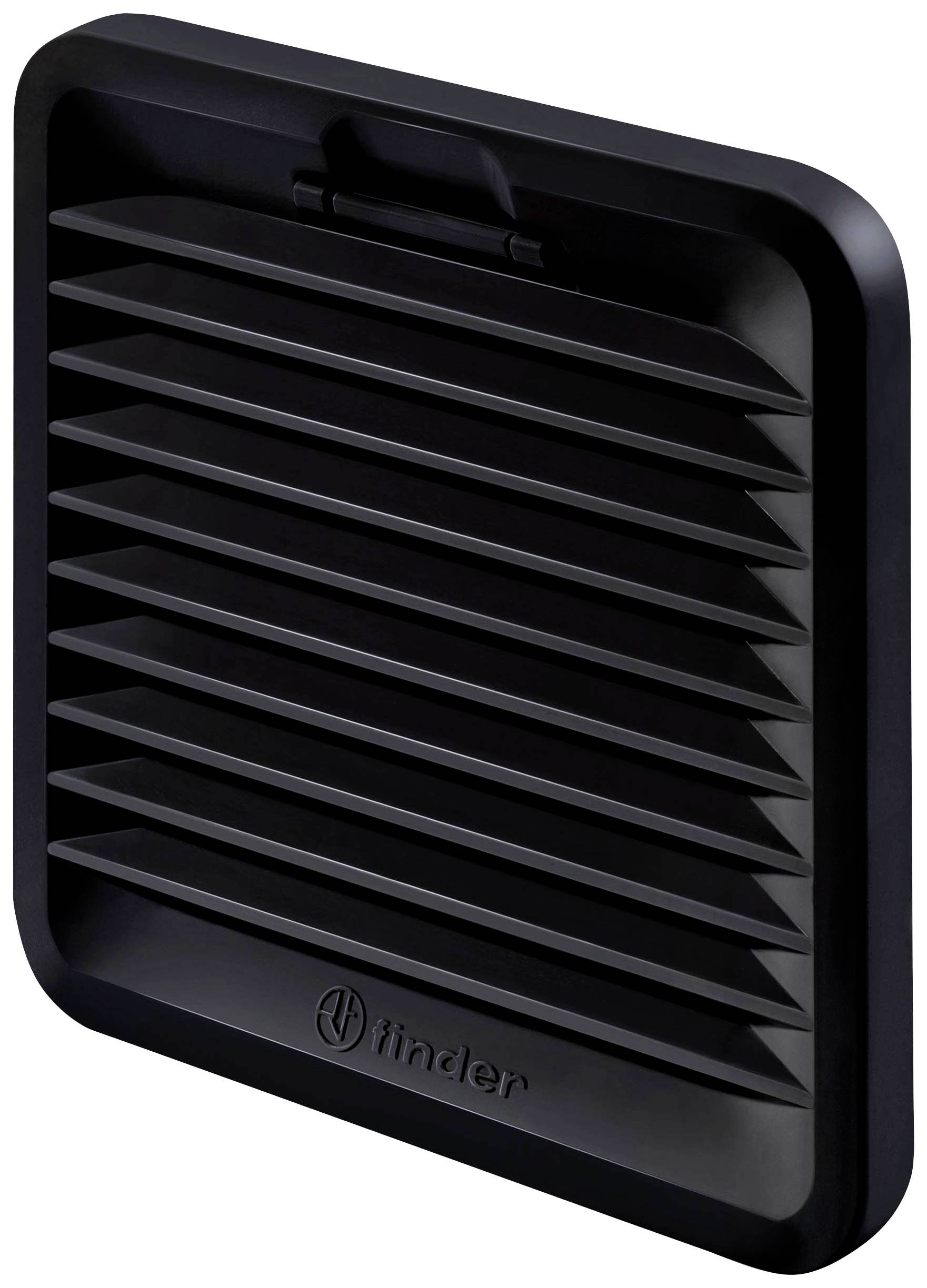 Lüftungsgitter in schwarzer Farbe mit horizontalen Lamellen, geeignet für Belüftung von Gehäusen oder elektronischen Geräten.