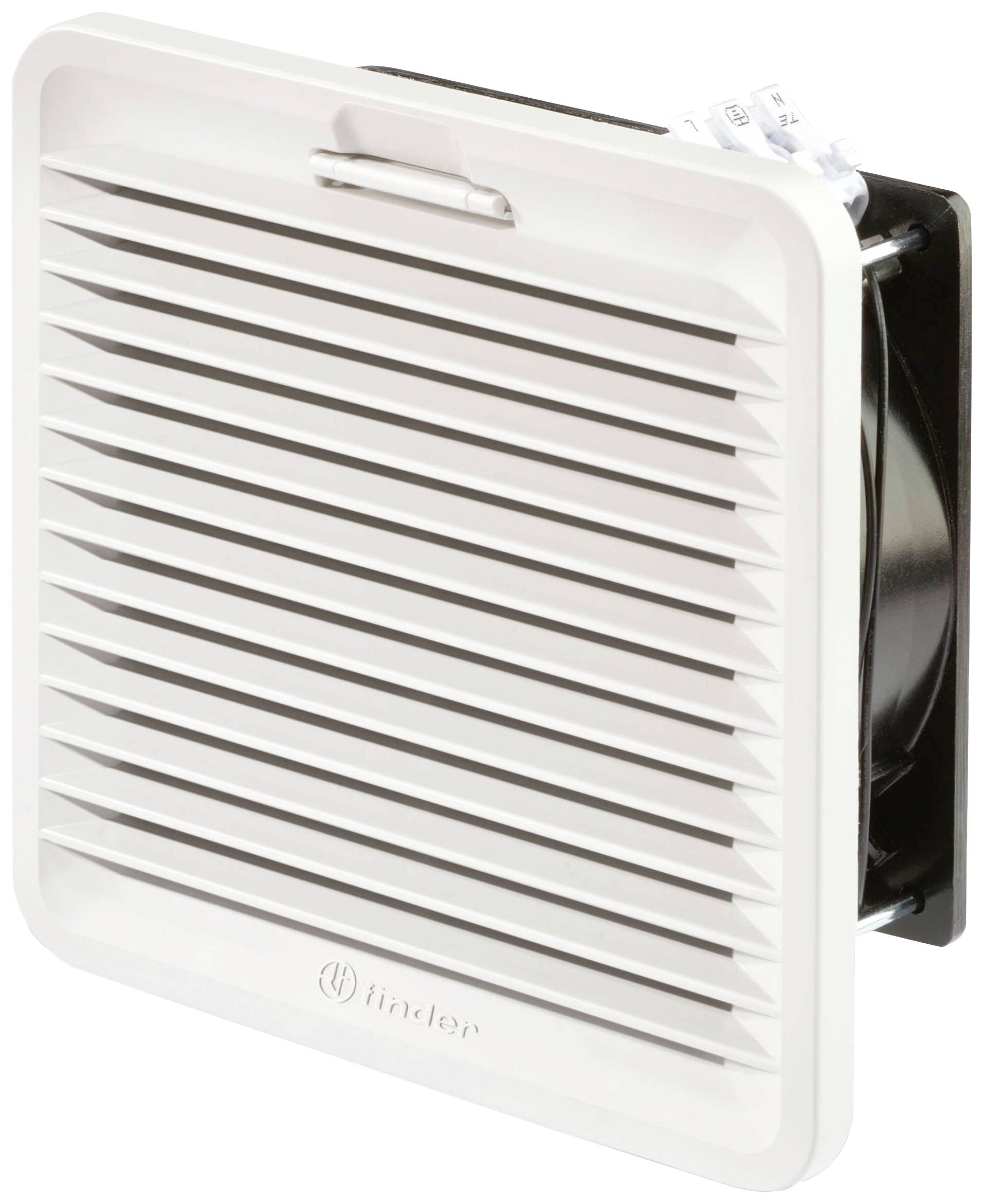 Ein weißer Lüftungsventilator mit horizontalen Lamellen, montiert auf einer schwarzen Basis. Geeignet für industrielle Kühlanwendungen.