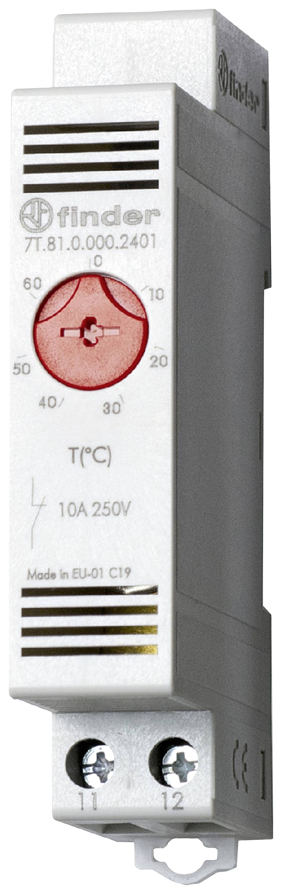 Temperaturregler von Finder mit einstellbarer Skala von 0 bis 60 Grad Celsius, geeignet für 10A und 250V.