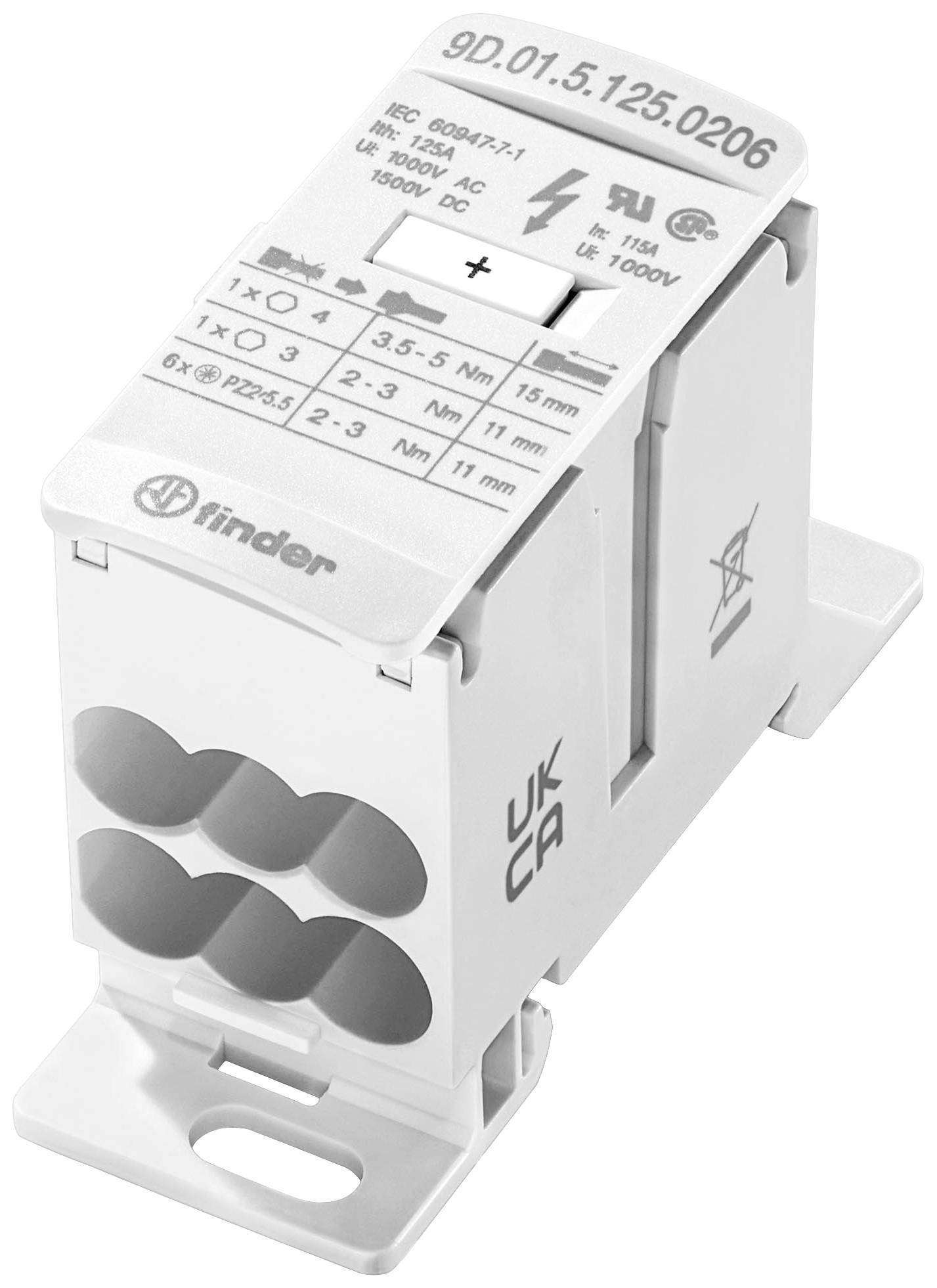 Ein elektrischer Steckverbinder mit mehreren Anschlüssen und Beschriftungen zur Spezifikation wie Spannung und Stromstärke.