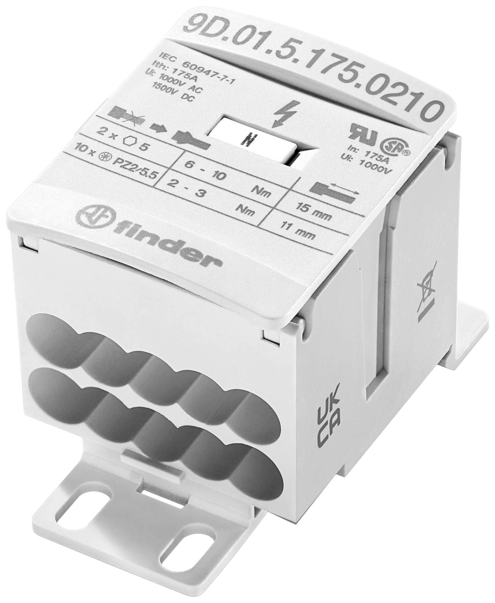 Finder 9D.01.5.175.0210 Verteiler Weiß 12polig 16mm² 175A 1000 V/AC, 1500 V/DC Leiter-Typ = L, N, PE