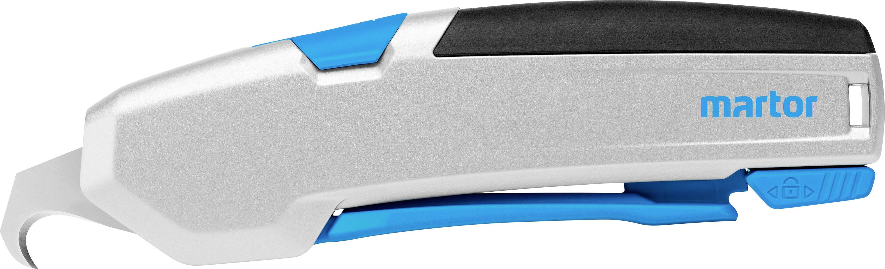 Grau-blauer Sicherheitsmesser mit schwarzem Griff und blauer Entriegelungstaste, seitlich liegend, Marke 'martor'.
