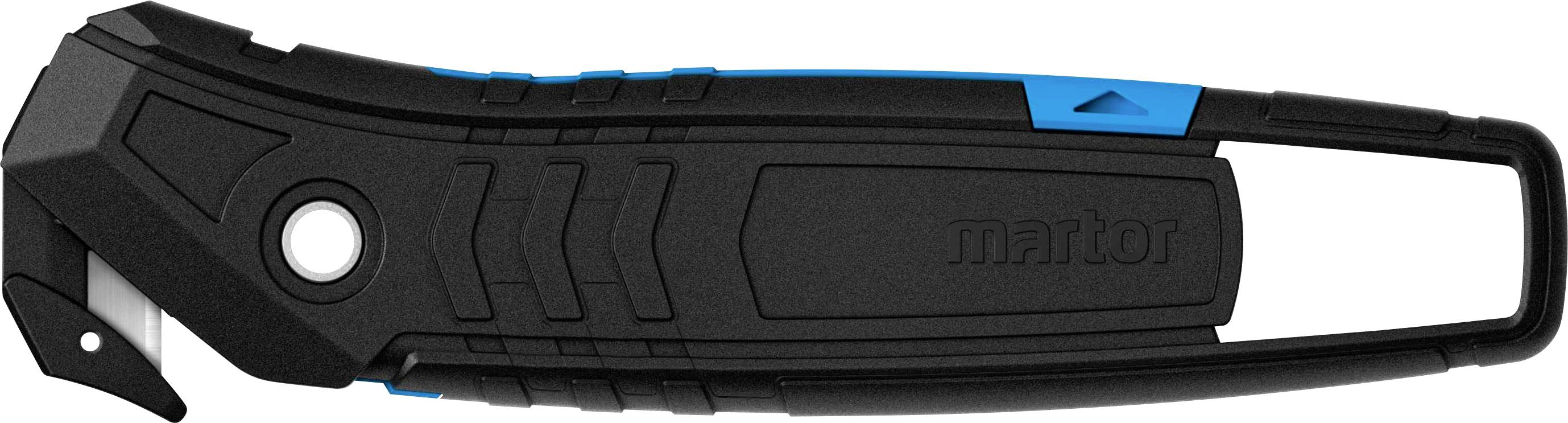 Schwarzes Sicherheitsmesser mit blauen Akzenten, geeignet zum Schneiden von Verpackungsmaterialien, mit Sicherheitsschutzhülle.