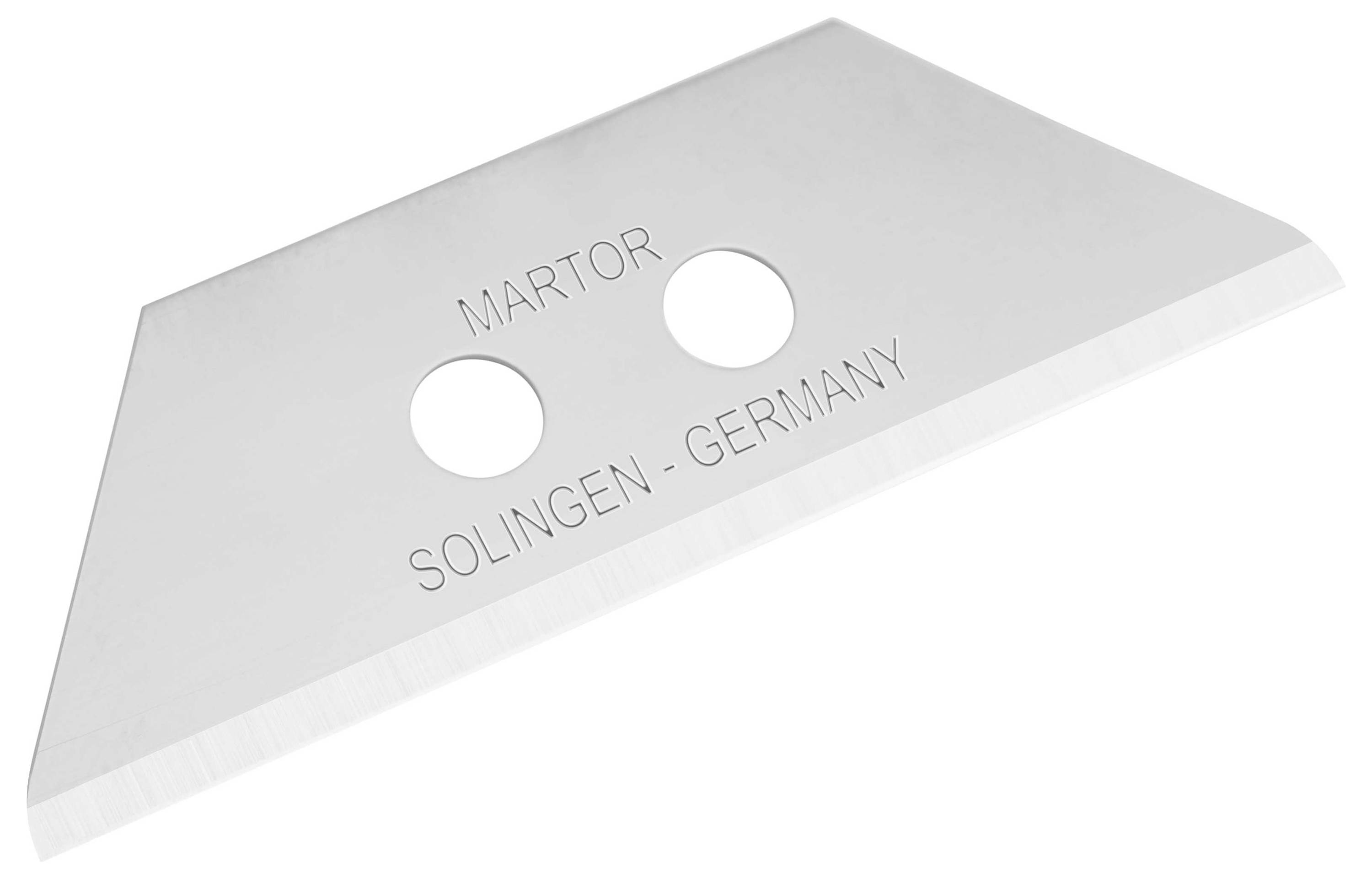 Klingenmesser aus Edelstahl mit zwei runden Löchern, Aufschrift: MARTOR SOLINGEN - GERMANY. Verwendet für Sicherheitsmesser.