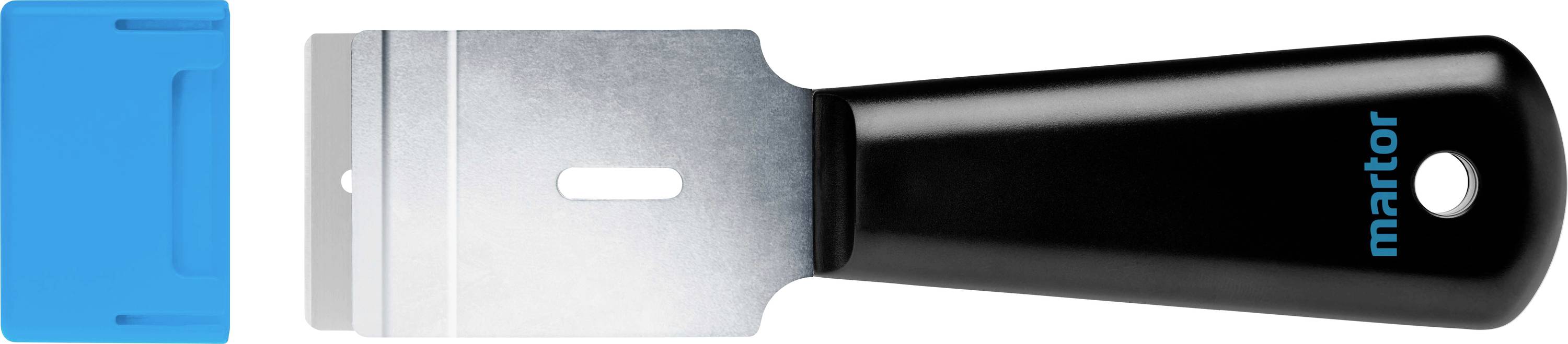 Handschaber mit schwarzem Griff und silberner Klinge, daneben eine blaue Schutzkappe.