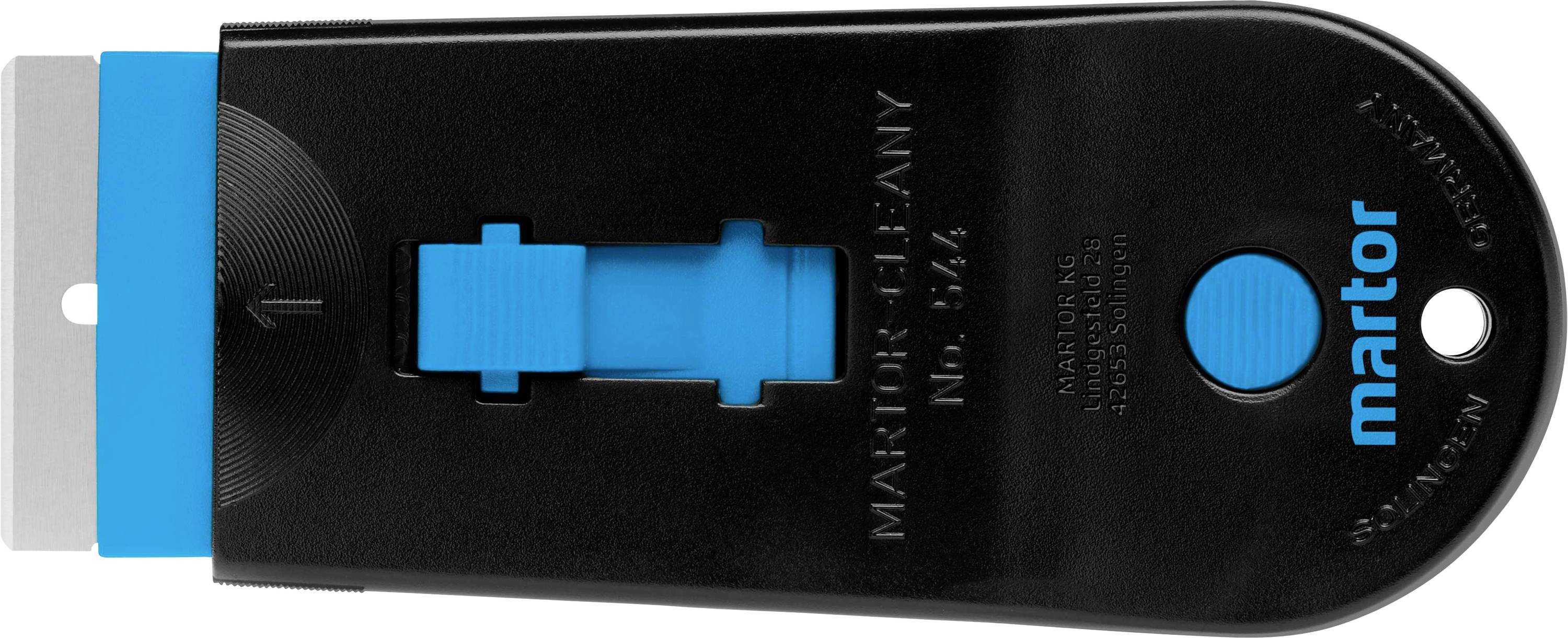 Schwarzer und blauer Glasschaber mit einer Klinge auf der linken Seite und einem Schiebemechanismus in der Mitte. Markenname aufgedruckt.