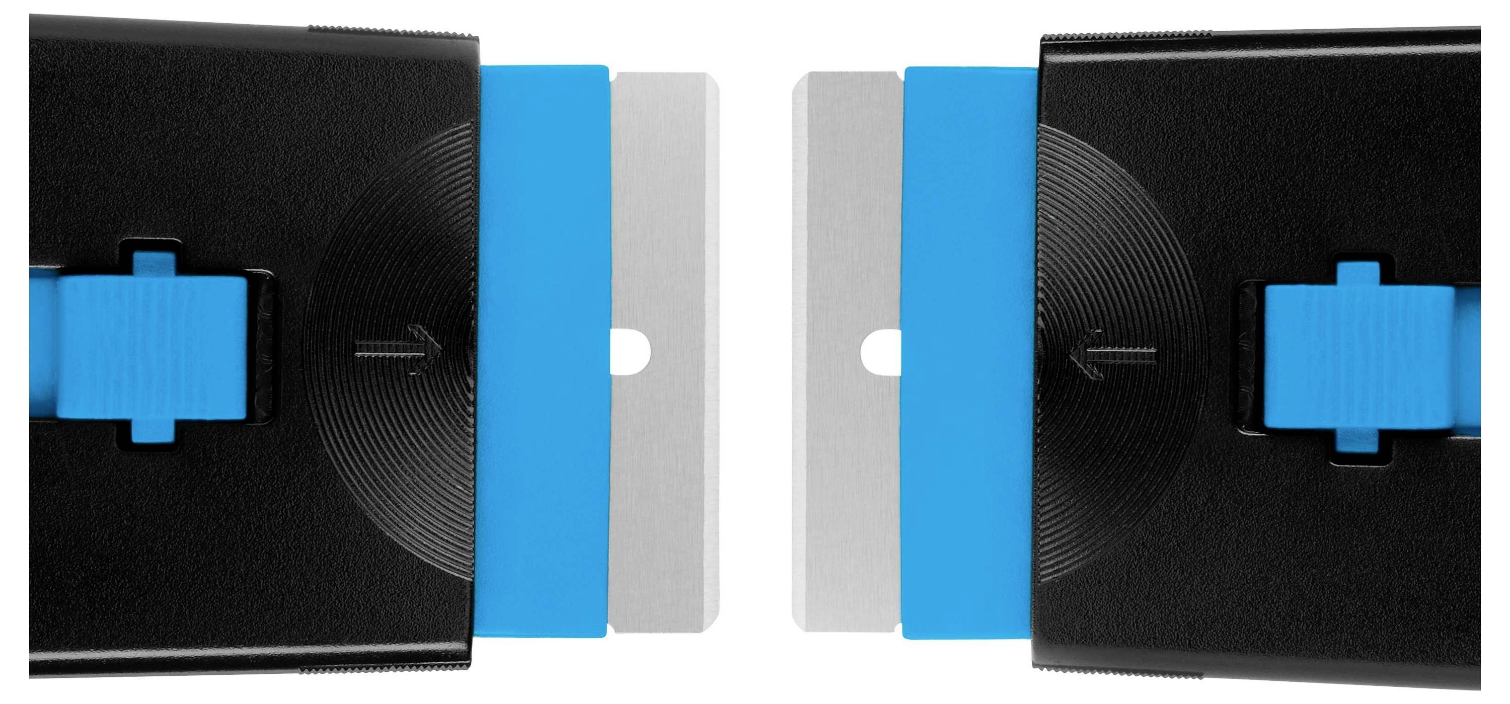 Zwei schwarze, rechteckige Objekte mit blauen Schiebereglern in der Mitte, einander gegenüberliegend.