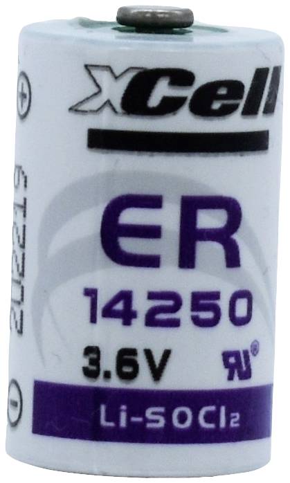 Eine 'xCell ER14250' Batterie, 3,6V, Li-SOCl2, kompakte Größe, geeignet für elektronische Geräte.