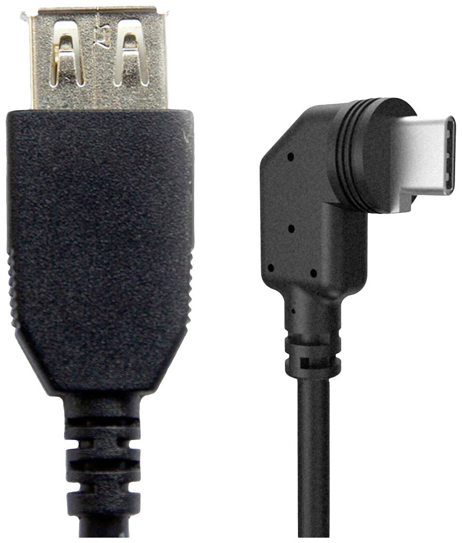 Ein schwarzes Kabel mit einem USB-A-Stecker links und einem rechtwinkligen USB-C-Stecker rechts.