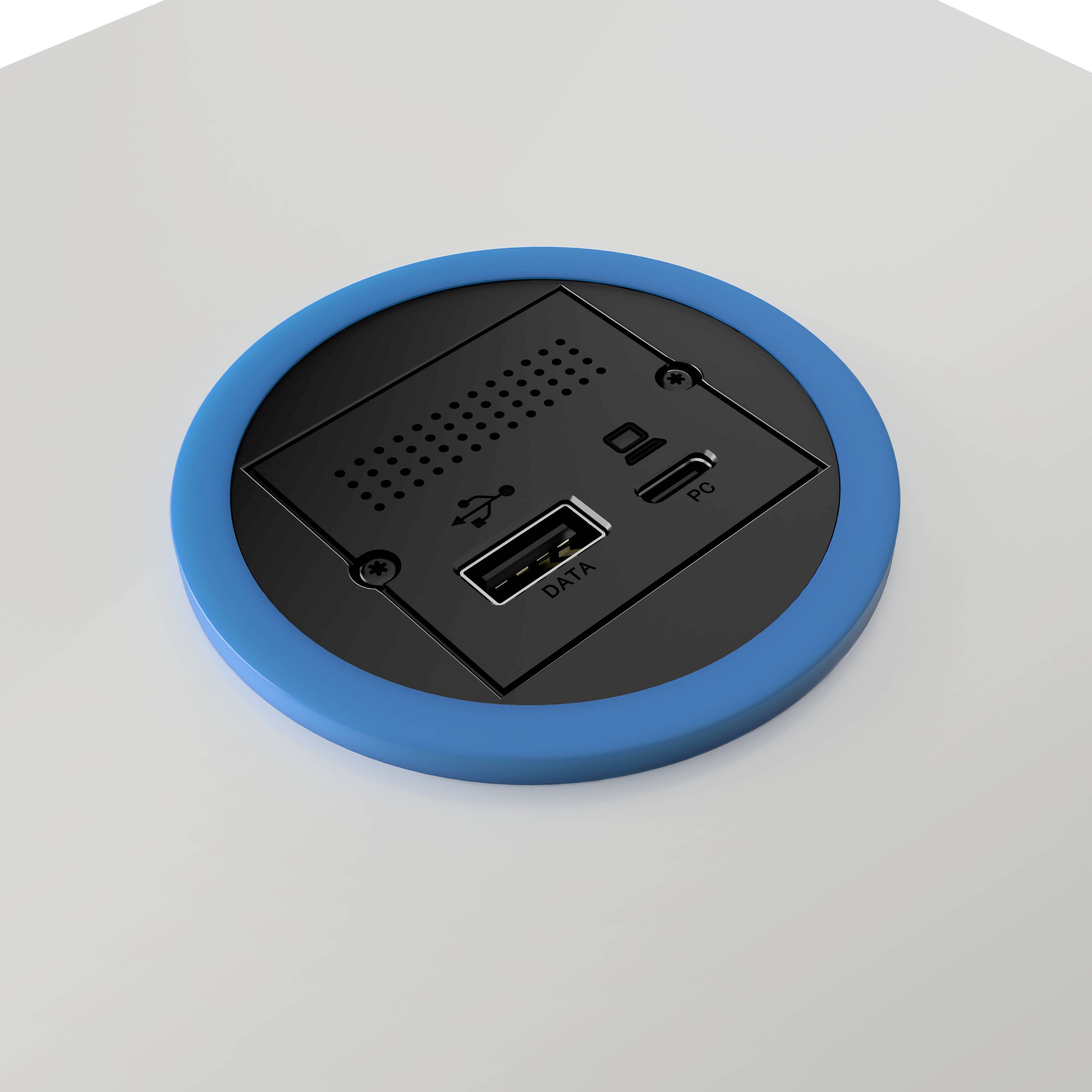 Ein eingebetteter USB-Anschluss in einer blauen kreisförmigen Einfassung auf einer weißen Oberfläche, geeignet für Datenübertragung und Stromanschluss.