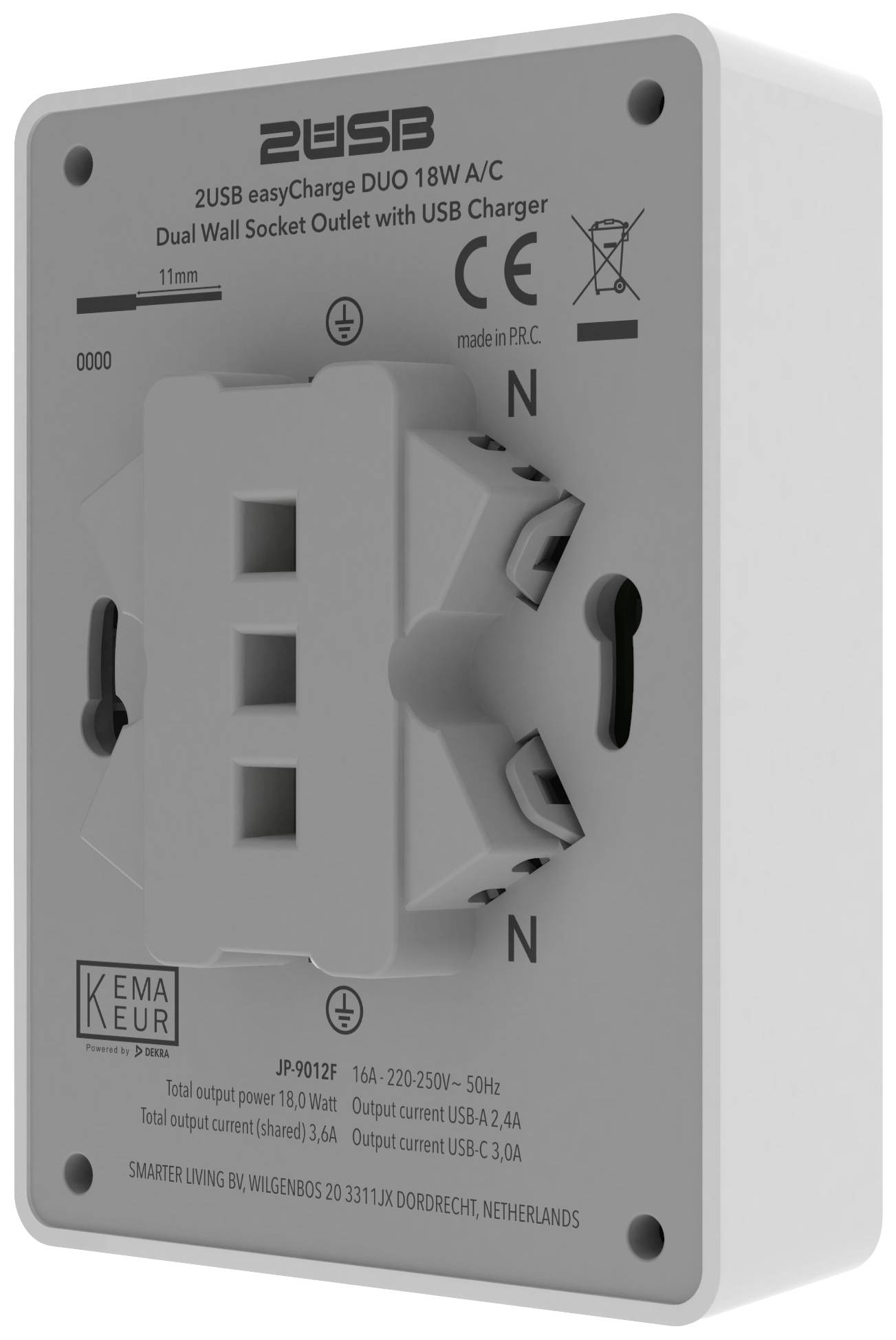 2USB Dual Wall Socket Outlet mit USB-Ladegerät, 18W A/C. 2 USB-Ausgänge, 220-250V, 50Hz. Hersteller: Smarter Living, Niederlande.