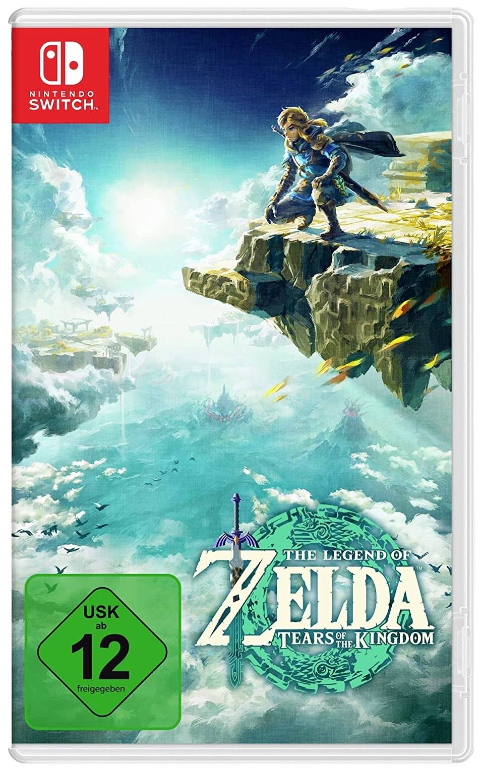 Videospielverpackung für 'The Legend of Zelda: Tears of the Kingdom' auf Nintendo Switch, USK 12, zeigt eine Figur auf schwebenden Inseln.