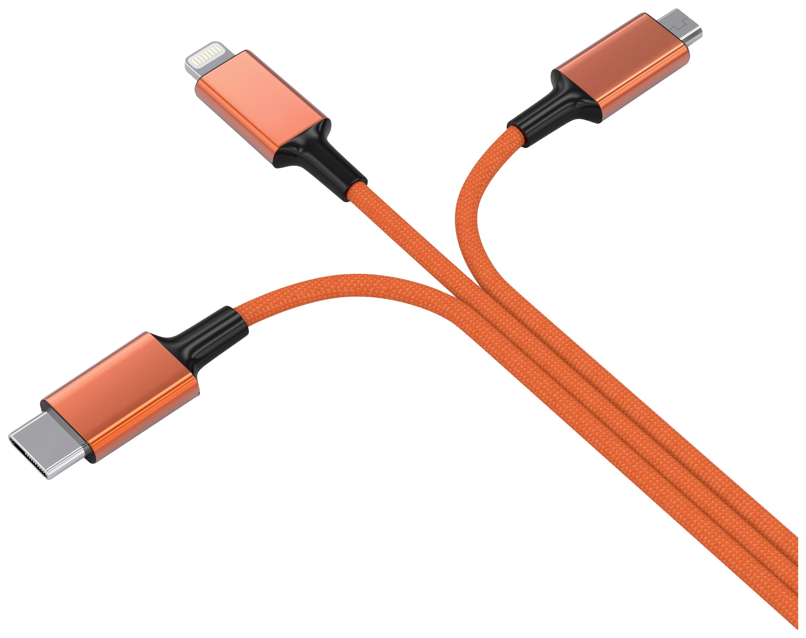 Dreifach-Ladekabel in Orange mit USB-C, Lightning und Micro-USB-Steckern.