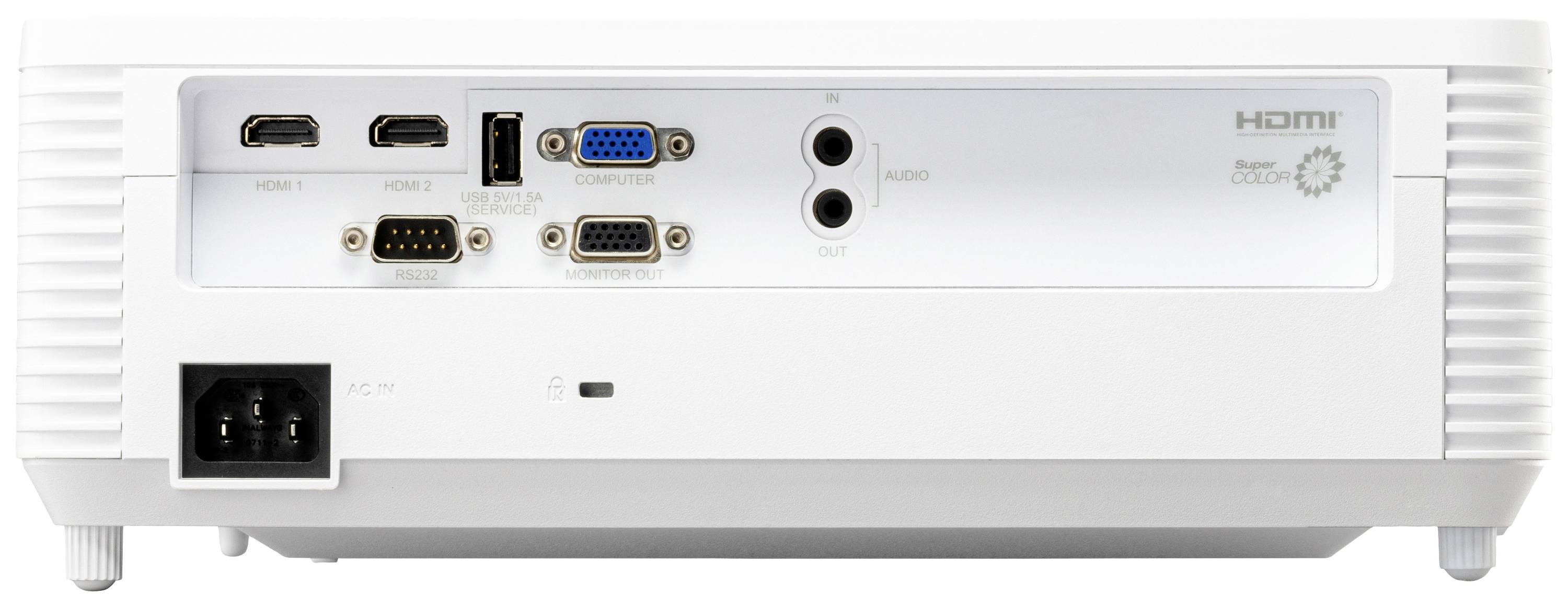 Projektor-Rückseite mit verschiedenen Anschlüssen: zwei HDMI, VGA, Audio In und Out, Netzwerk-, USB- und RS-232-Port.