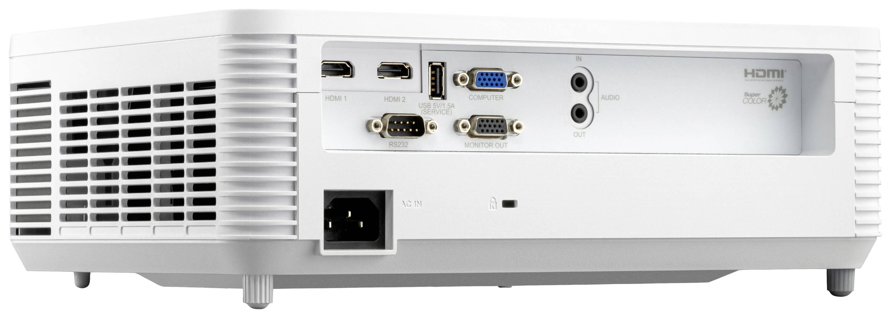 Rückansicht eines weißen Multimedia-Projektors mit Anschlüssen: HDMI, VGA, USB, Ethernet und Stromkabelanschluss.