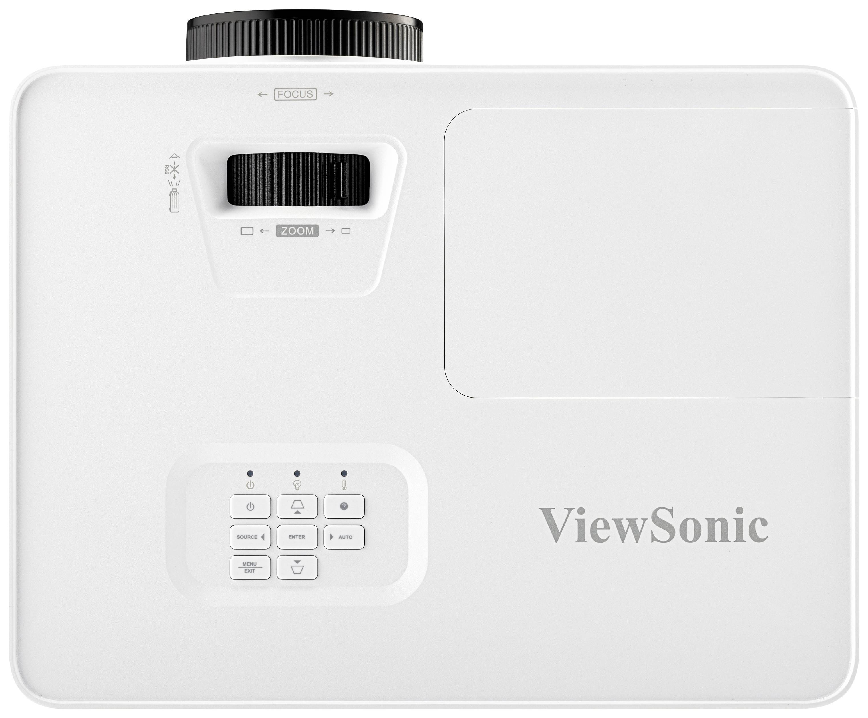 Ein weißer ViewSonic-Projektor von oben, mit Fokus- und Zoom-Regler, Tastenfeld und Logo sichtbar.
