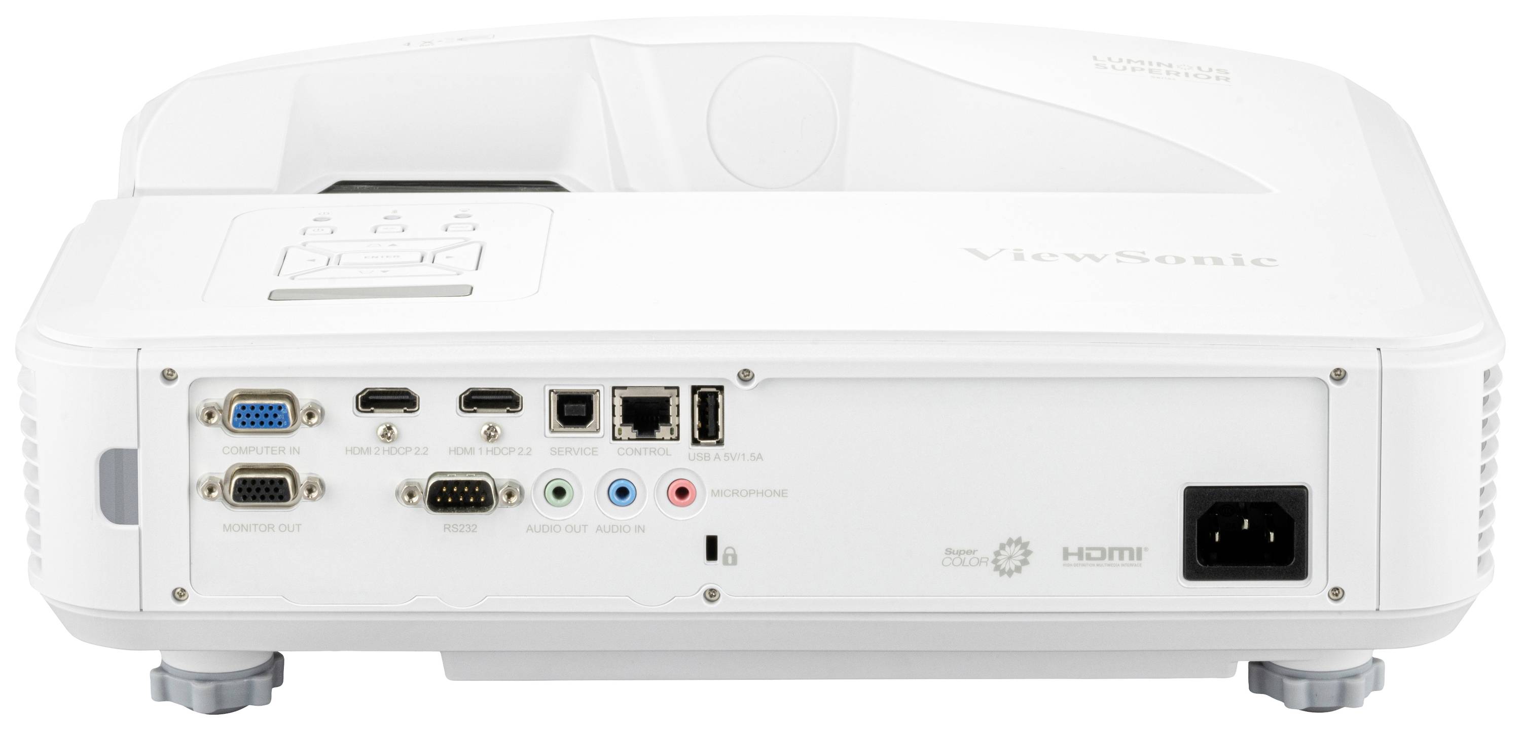 Ein weißer Projektor mit mehreren Anschlüssen: HDMI, VGA, USB und Audiobuchsen, Rückseite gezeigt.