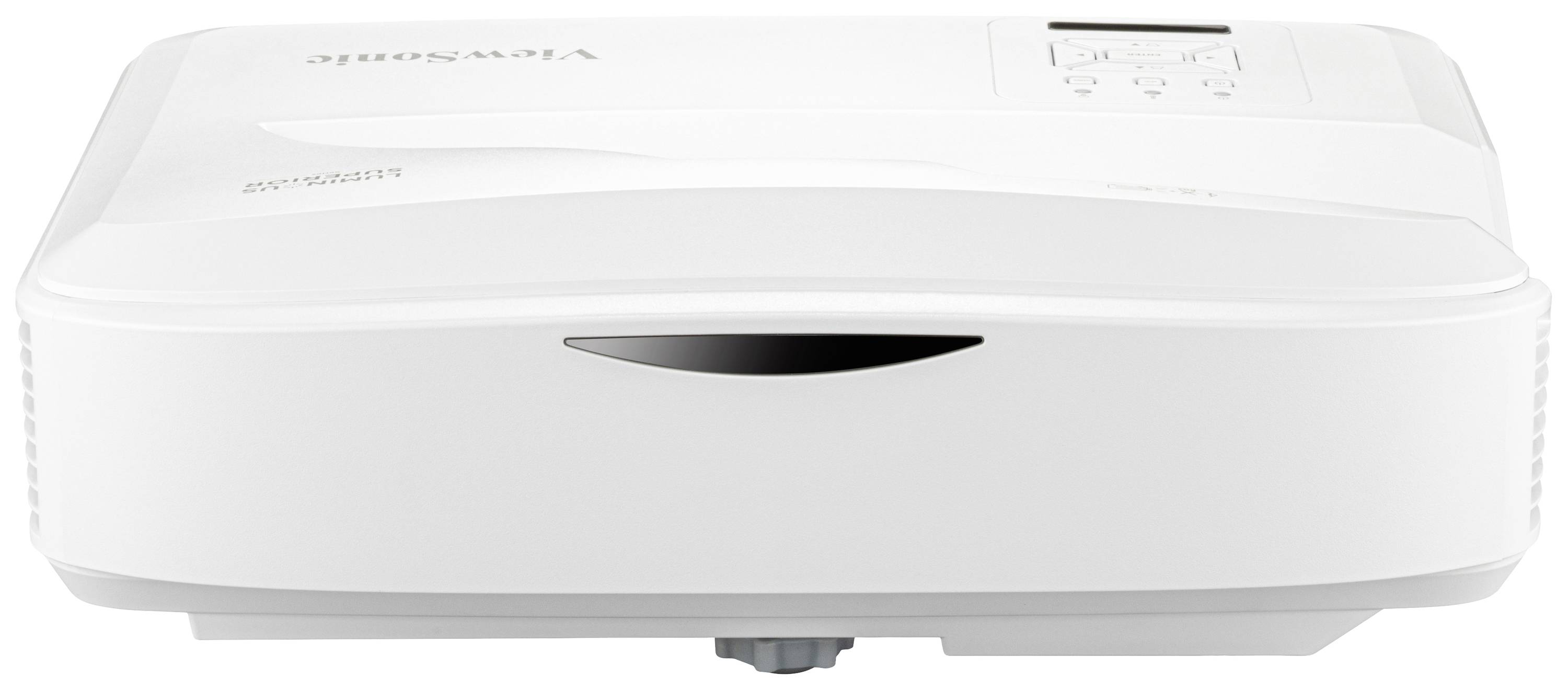 Ein weißer Projektor auf einer weißen Fläche. Oben befinden sich Steuerungselemente und ein kleines Display.