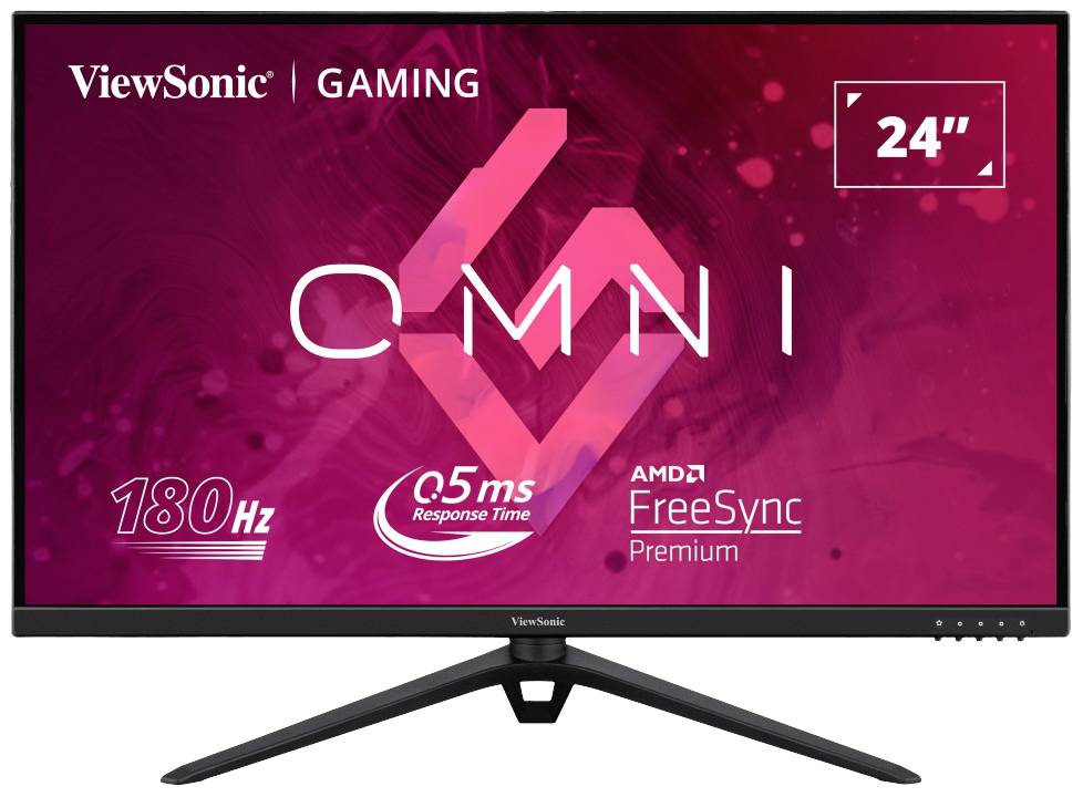 Ein Gaming-Monitor der Marke ViewSonic mit der Modellnummer 'OMNI'. Er bietet 180 Hz, 0,5 ms Reaktionszeit, 24 Zoll und FreeSync Premium.