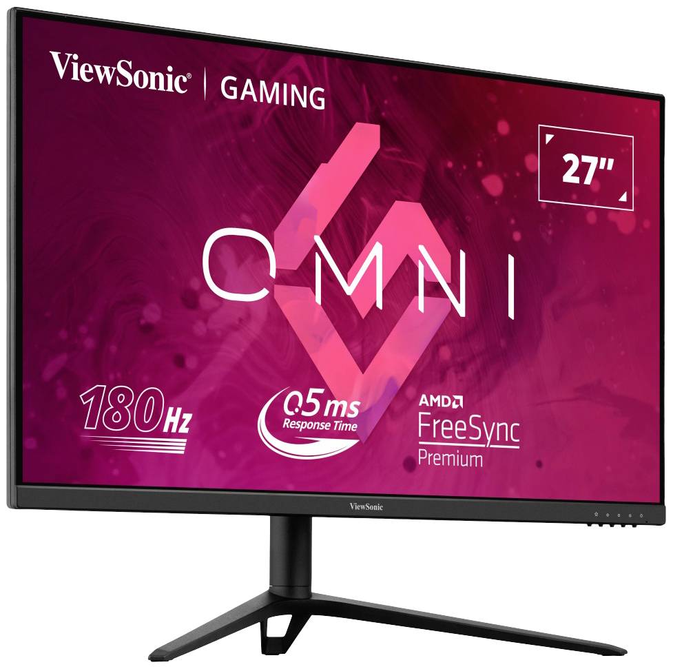 Ein Gaming-Monitor von ViewSonic mit 27-Zoll-Bildschirm. Eigenschaften: 180 Hz Bildwiederholrate, 0,5 ms Reaktionszeit, AMD FreeSync Premium.