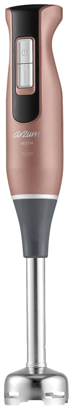 Rosa Stabmixer mit schwarzem Griff und silbernem Edelstahlfuß mit Klingen, geeignet zum Mixen von Zutaten in Küchen.