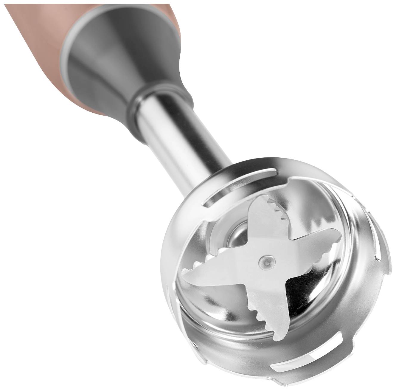 Ein Stabmixer mit einem Metallschaft und vierflügeligem Messer zeigt die untere Hälfte des Geräts, bereit zum Mischen oder Pürieren.