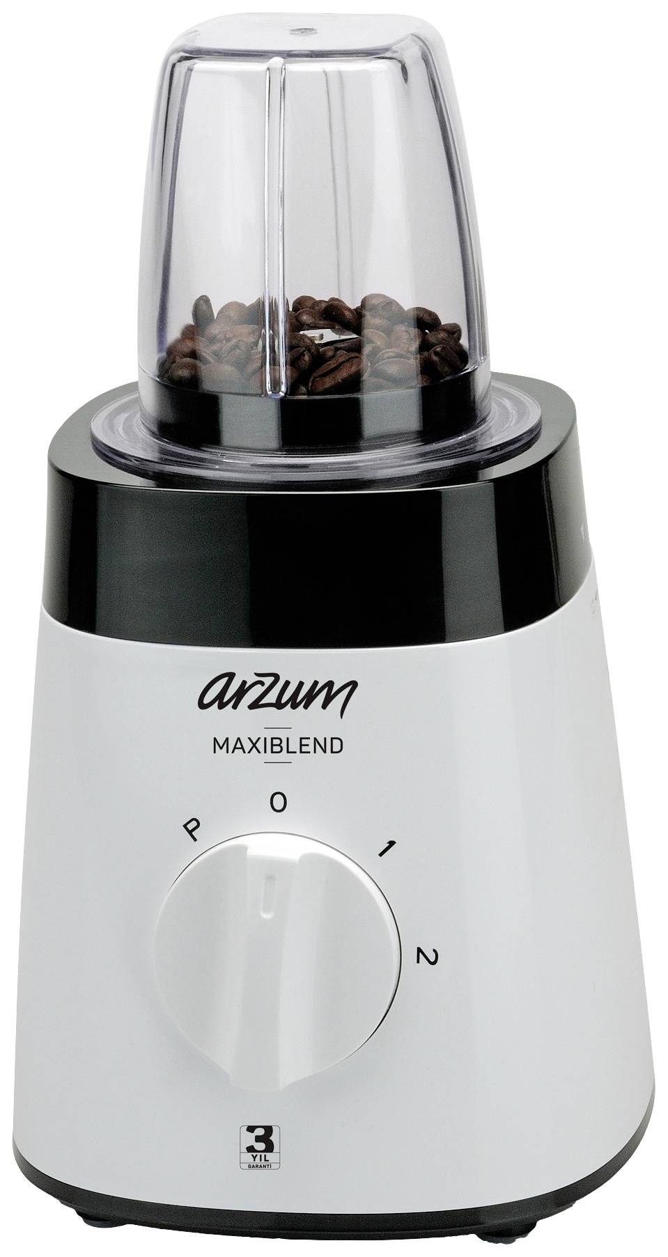 Ein Mixer mit schwarzem und weißem Gehäuse, gefüllt mit Kaffeebohnen. Der Markenname 'arzum MAXIBLEND' ist aufgedruckt.