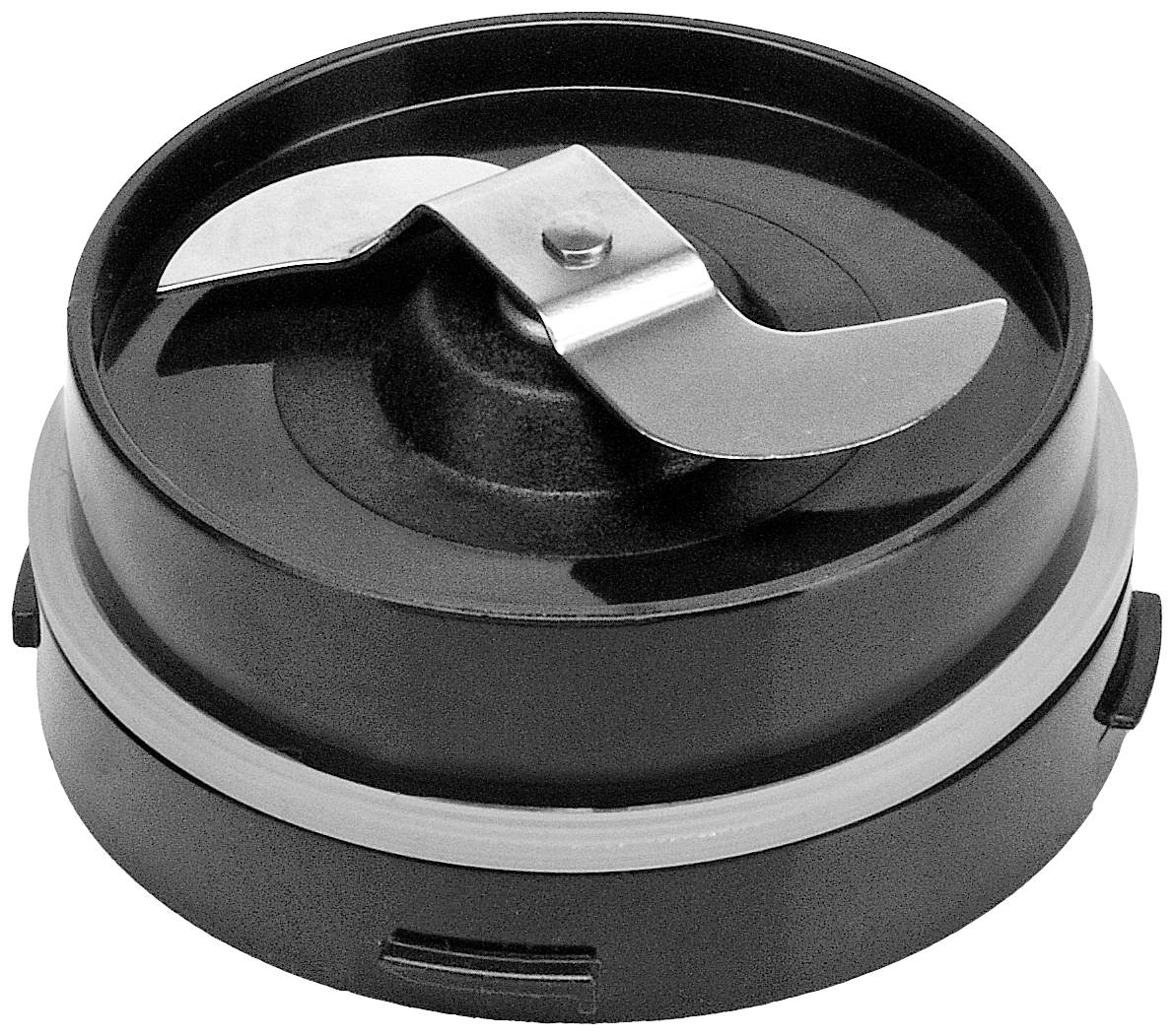 Ein schwarzes Mixer-Schneidwerk mit zwei gebogenen Klingen und einer silbernen Befestigung in der Mitte.