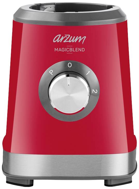 Roter Mixer mit silbernem Drehknopf und den Einstellungen 'P', '0', '1', '2'. Markenname 'Arzum Magicblend' oben sichtbar.