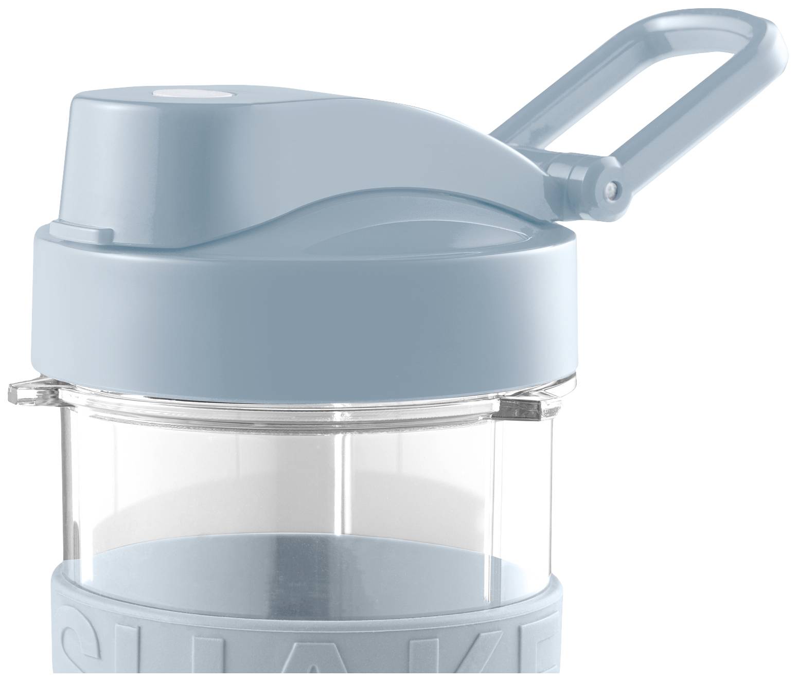 Blauer Getränkebecher mit klarem Sichtfenster und abnehmbarem Deckel. Haken am Klappverschluss zur einfachen Befestigung.