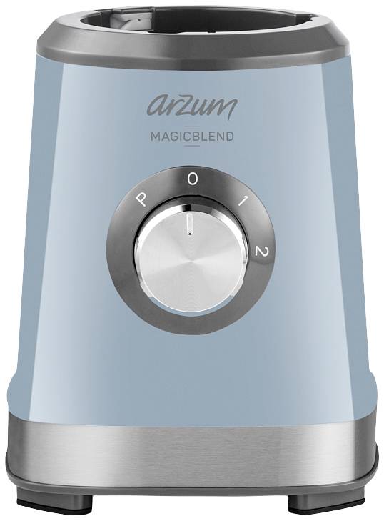 Blauer Mixer mit silbernem Regler und der Aufschrift 'Arzum MagicBlend'. Stufen: 0 für aus, 1 für niedrig, 2 für hoch.