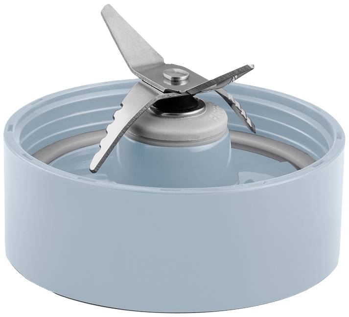 Ein Mixermesser in einem grauen Kunststoffgehäuse, das eine kreuzförmige Metallklinge zeigt.