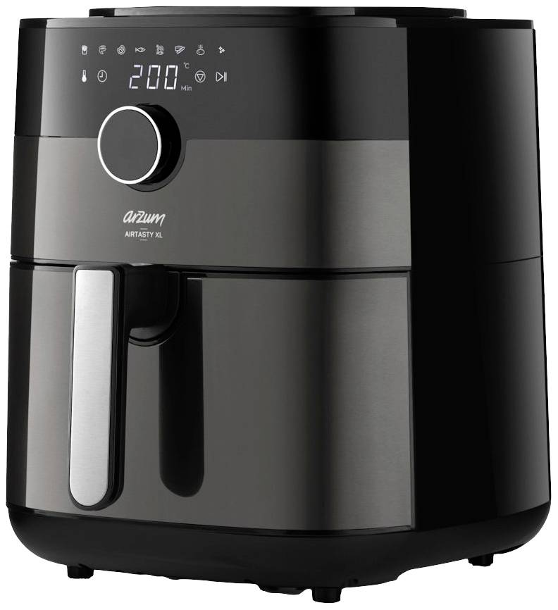 Schwarze Heißluftfritteuse mit digitaler Anzeige oben, zeigt 200 Grad Celsius, Markenname auf der Vorderseite.