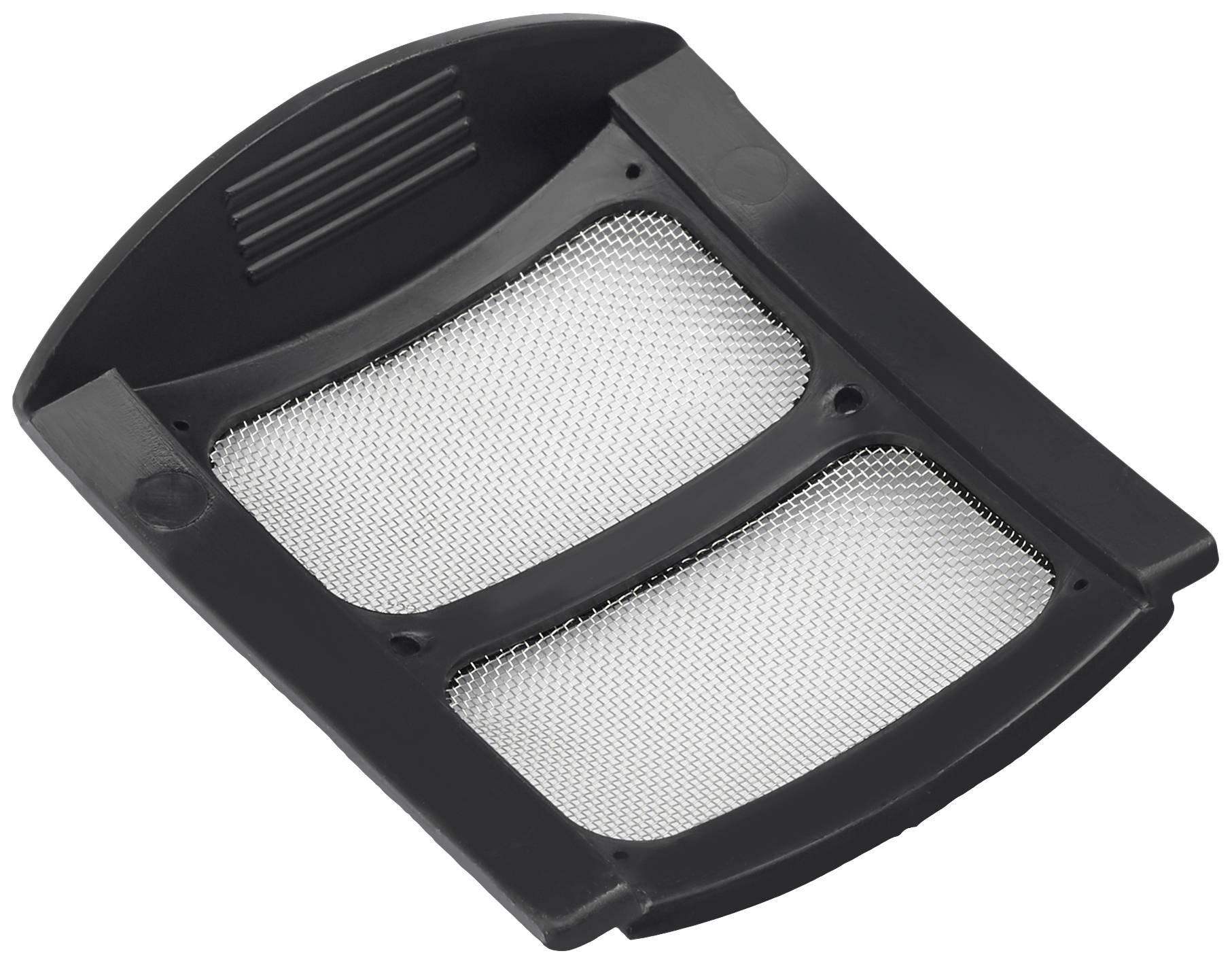 Schwarzer Kunststofffilter mit zwei rechteckigen, silbernen Metallgittern. Verwendet zur Filterung von Partikeln in Geräten.