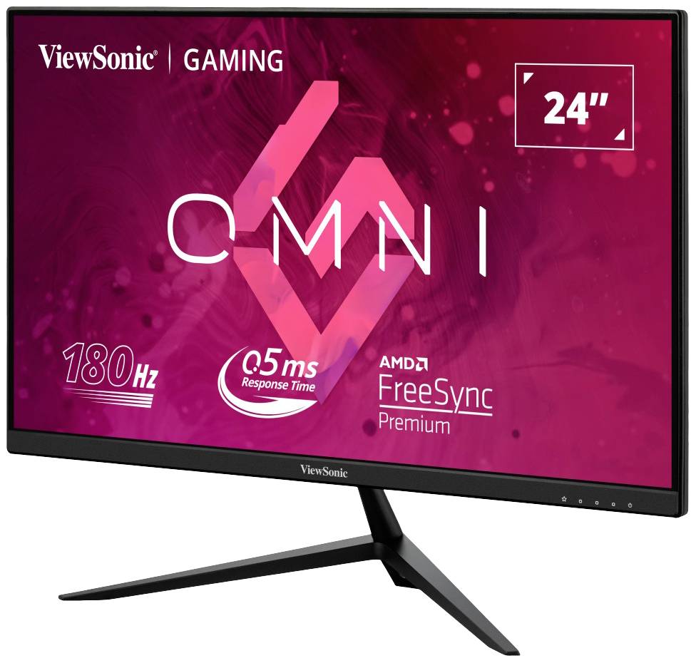 Ein Gaming-Monitor von ViewSonic mit 24 Zoll Bildschirmgröße, 180 Hz Bildwiederholrate, 0,5 ms Reaktionszeit und AMD FreeSync Premium.