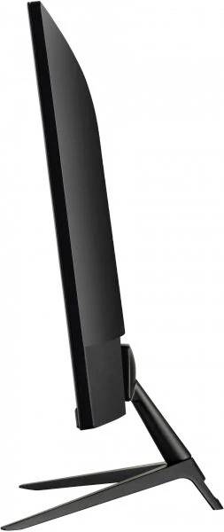 Ein seitlich abgebildeter, ultradünner Computermonitor auf einem dreibeinigen Ständer.