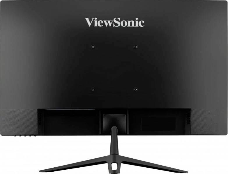 Computerbildschirm der Marke ViewSonic, Rückansicht, mit schlichtem schwarzem Design und stabilem Standfuß.