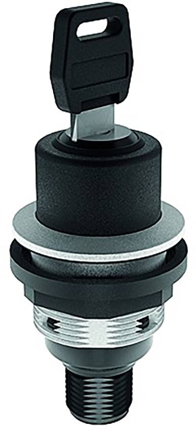 Halbzylinder mit schwarzem Drehknopf und Schlüssel. Wird in Geräten oder Maschinen zur Verriegelung oder Freigabe verwendet.