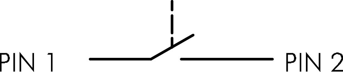 Diagramm eines Kippschalters. Der Kontakt ist von 'PIN 1' zu 'PIN 2' geschlossen, zeigt geschlossenen Stromkreis an.