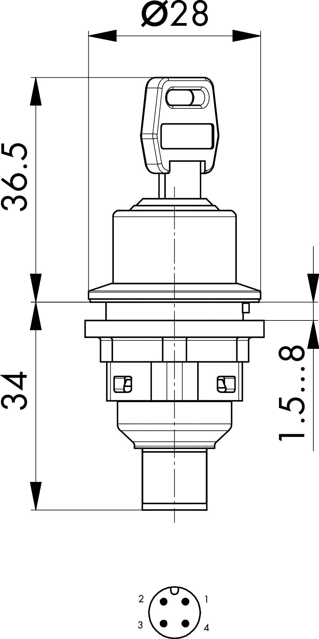 Technische Zeichnung eines runden Schalters mit Abmessungen: Durchmesser 28 mm, Gesamthöhe 36,5 mm, Einbauhöhe 34 mm, und Kontakte unten.
