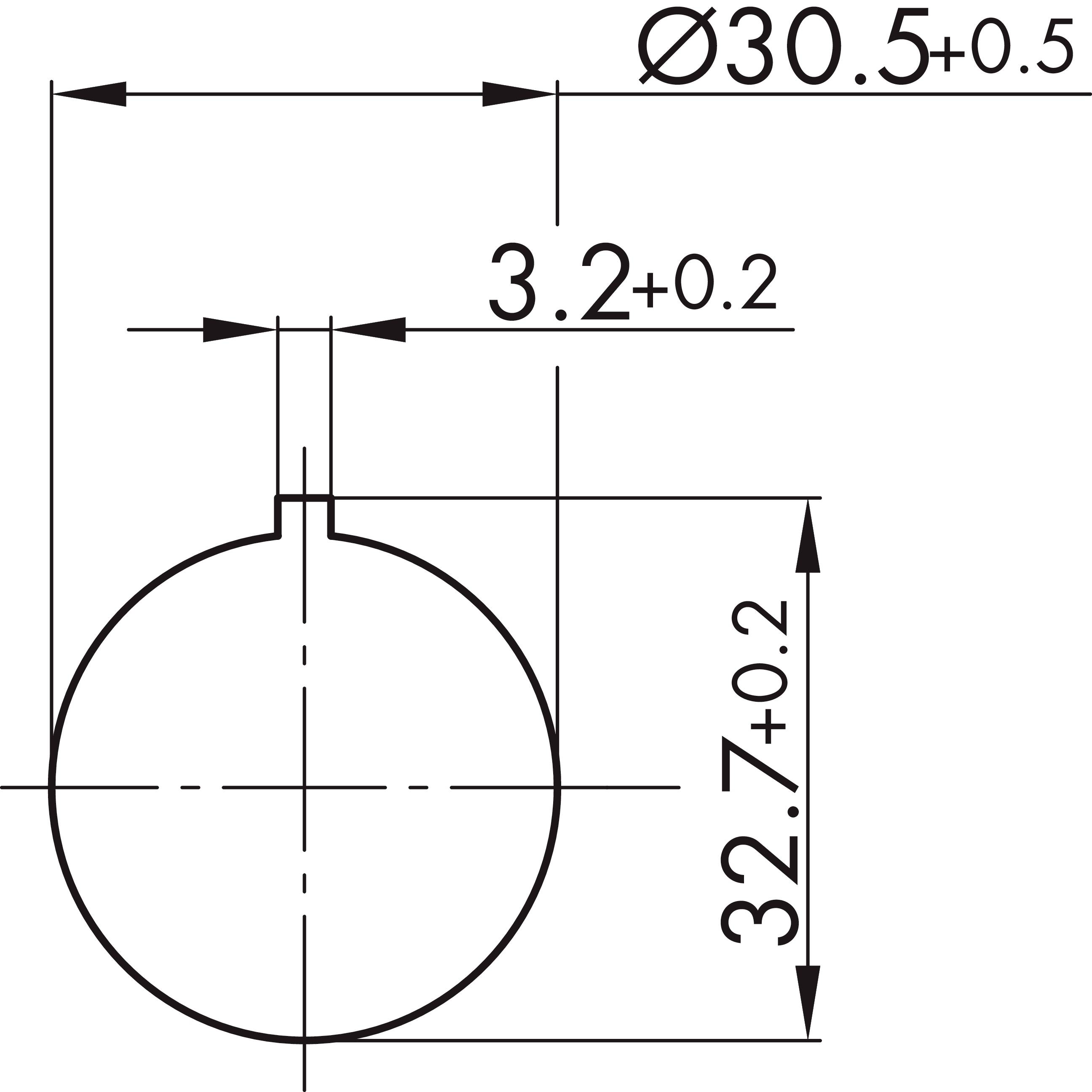 Technische Zeichnung eines Kreises mit Durchmessermaß 'Ø30.5±0.5', Höhe '32.7±0.2' und Breite der oberen Linie '3.2±0.2'.