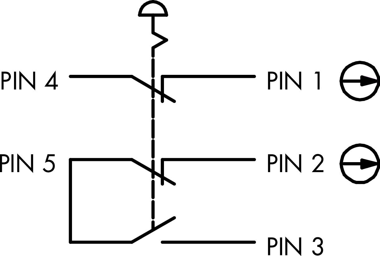 Schaltplan eines Transistors mit fünf Pins. Pin 4 und 5 steuern zwei LEDs, die mit Pin 1 und Pin 2 verbunden sind. Pin 3 ist ungenutzt.