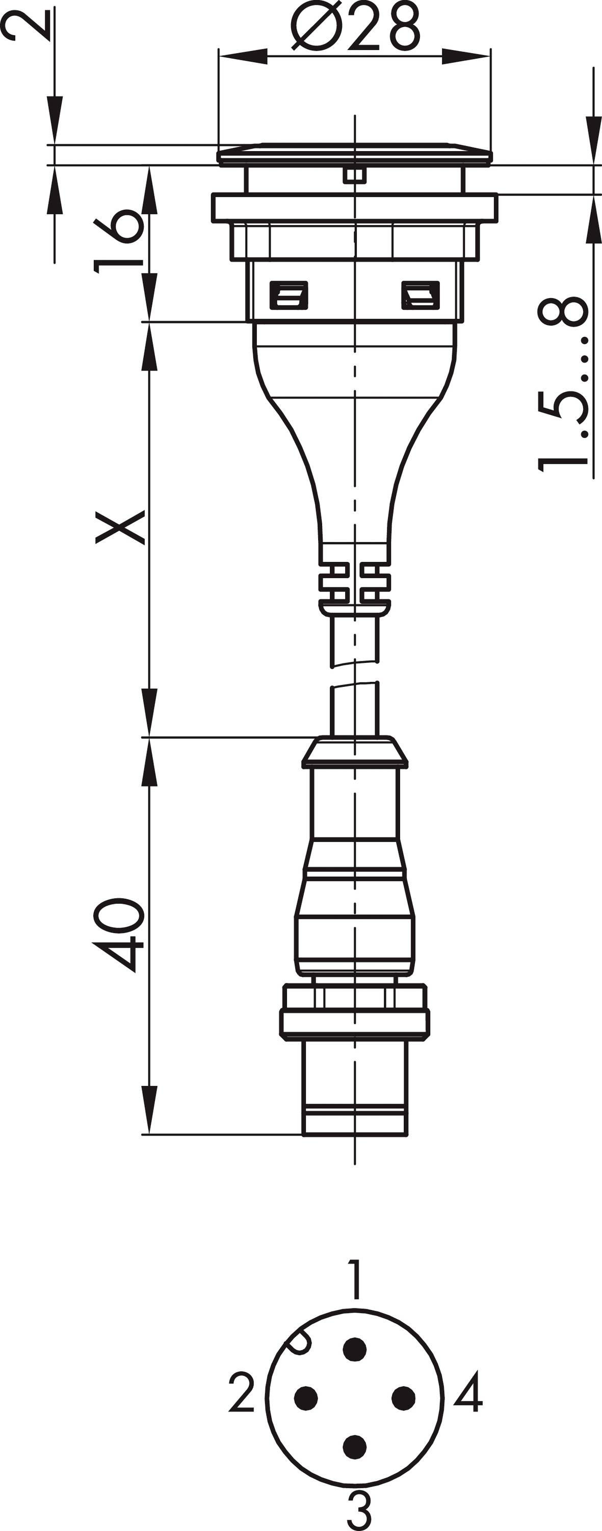 Technische Zeichnung eines Steckverbinders, Seiten- und Unteransicht. Obere Ansicht zeigt Durchmesser von 28 mm, Gesamtlänge 58 mm, Längenmarkierungen bei 16 mm und 40 mm, sowie 4-polige Anschlussanordnung unten.